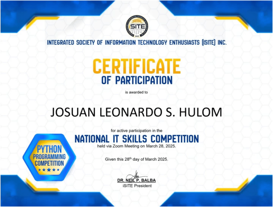 ISITE National Python Contest certificate image 1